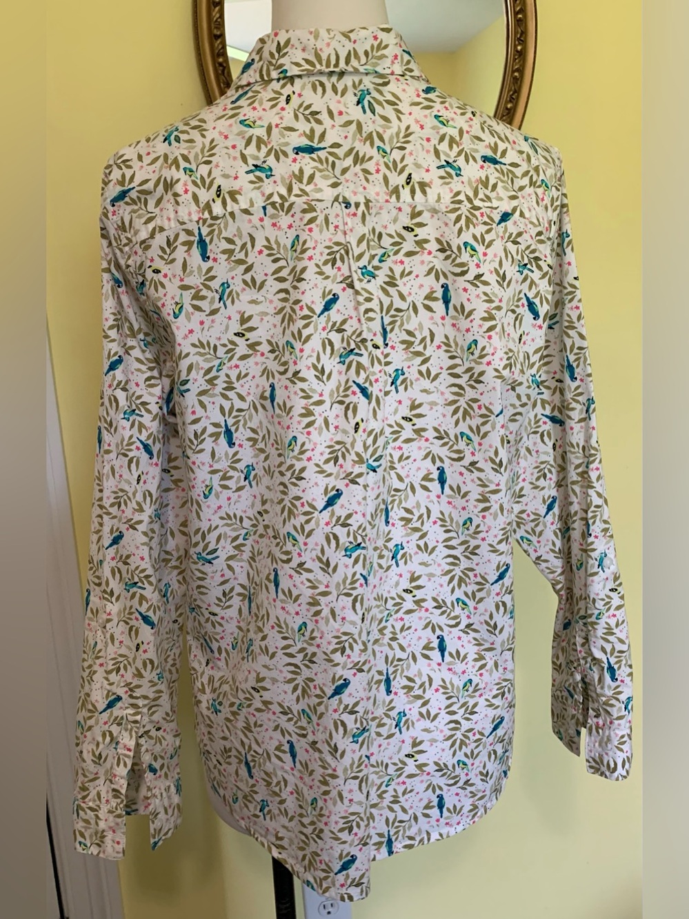 Cotton Blue Bird Print Button Blouse Floral Adjustable Button Tab Sleeve - Picture 7 of 9